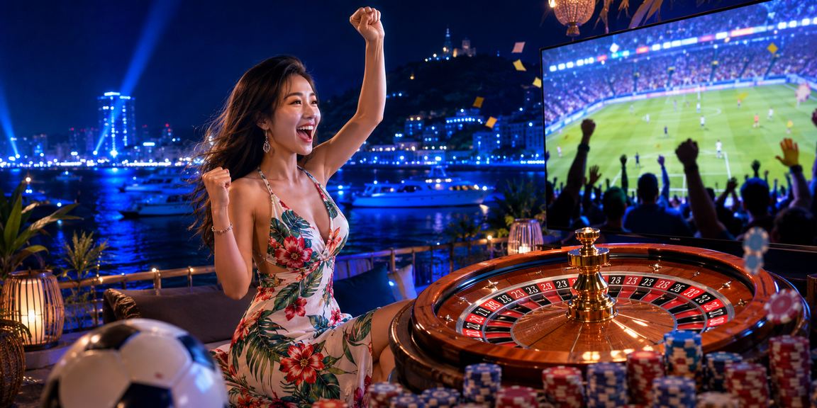 Cảnh biển Vũng Tàu về đêm với màn hình roulette trực tuyến